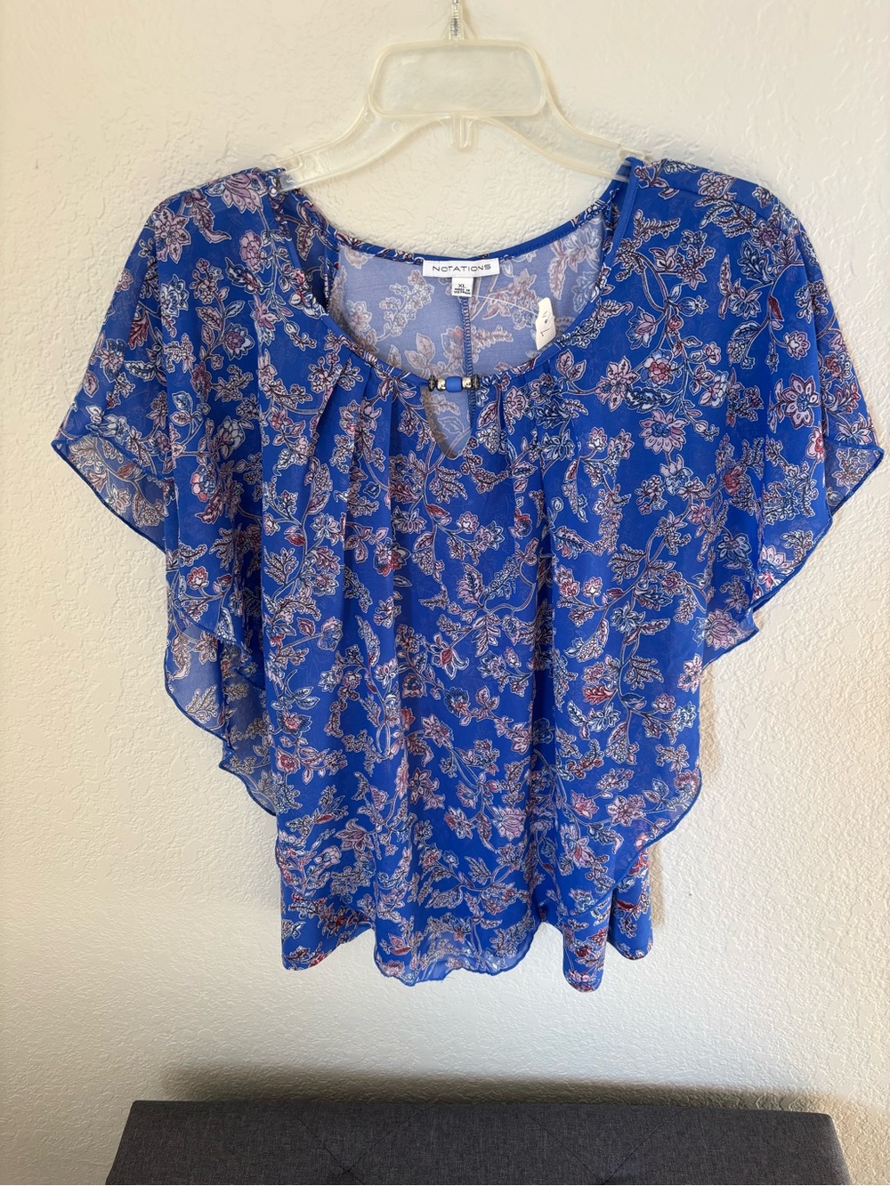 Notations Royal Blue Floral Flutter-Sleeve Blouse